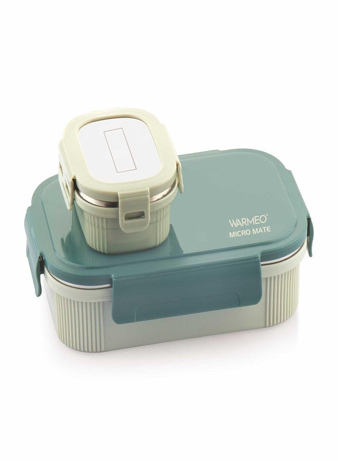 WARMEO علبة غداء وارميو مايكروميت المصنوعة من الفولاذ المقاوم للصدأ، آمنة للاستخدام في الميكروويف، وخالية من مادة BPA، مثالية للمكتب والمدرسة والسفر، عبوة مزدوجة (800 مل + 150 مل)، لون أخضر - Image 1